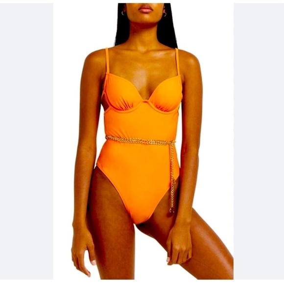 River Island Orange Strappy Chain Detail Underwire One-Piece Swimsuit US 4/8 UK - Picture 5 of 16